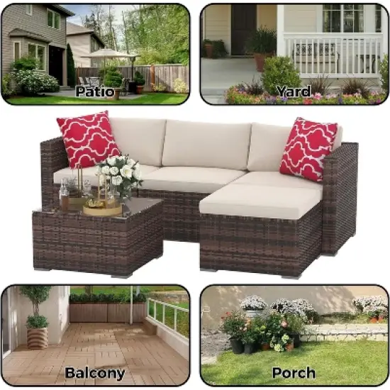 Garvee 5 Pieces Patio Furniture Set - Rattan Outdoor Sofa Set with Cushions, Wicker Sectional with Glass Coffee Table & Ottoman image {4}