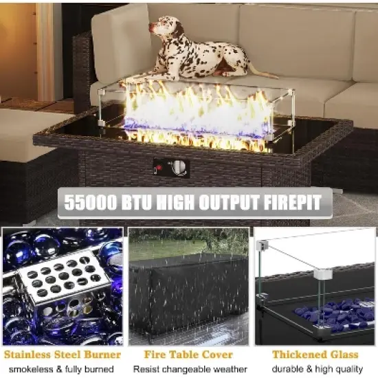 LayinSun 7 Pieces Outdoor Patio Furniture Set with 44" Fire Pit Table Brown Rattan Sectional Sofa Conversation Sets image {4}