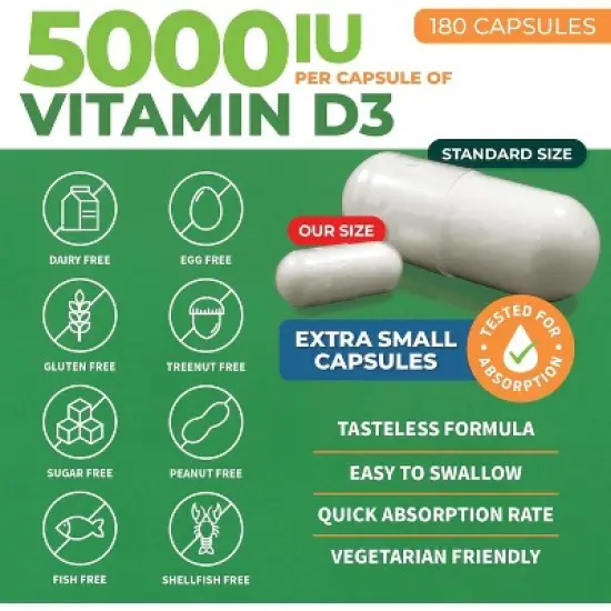 Forest Leaf Vitamin D3 5,000 IU - Bone Health and Immune Support, Small Easy-to-Swallow Capsules Vitamin D Supplements for Women and Men, 180 Caps image {1}