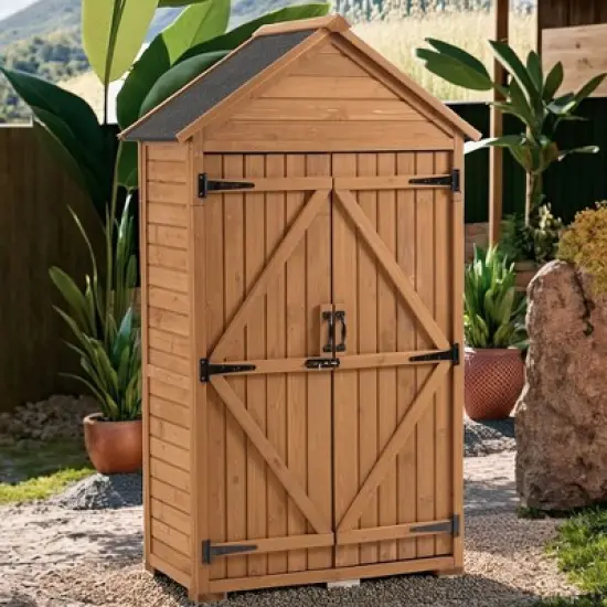 GDFStudio Bennett Modern 69" Outdoor Fir Wood Storage Shed with 3 Adjustable Shelves image {10}