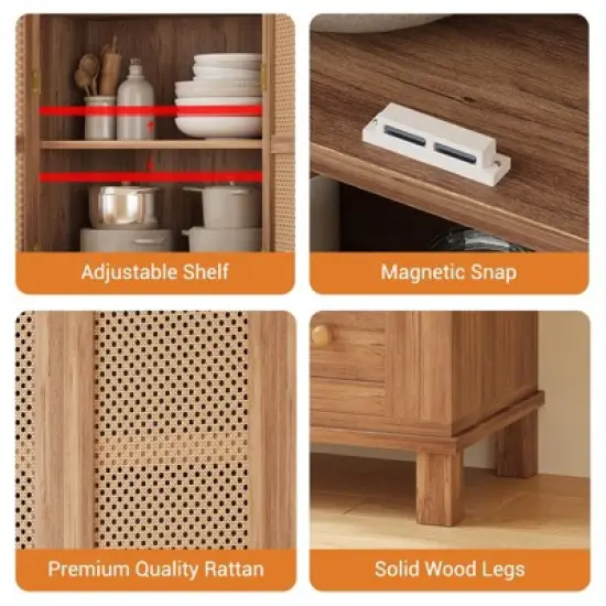 Kitchen Pantry Storage Cabinet with 2 Rattan Doors and 2 Adjustable Shelves image {5}