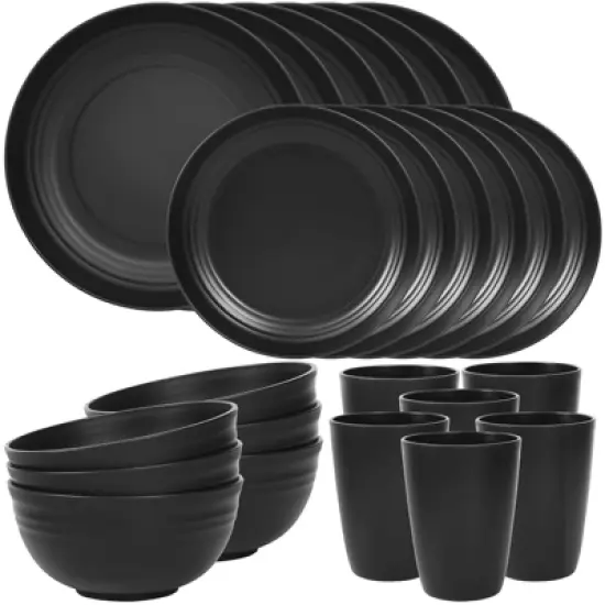 Itopfox 24-Piece Dinnerware Set for 6, Unbreakable Wheat Straw Plates & Bowls, Dishwasher & Microwave Safe, RV, Beach House & Daily Use, Black image {8}