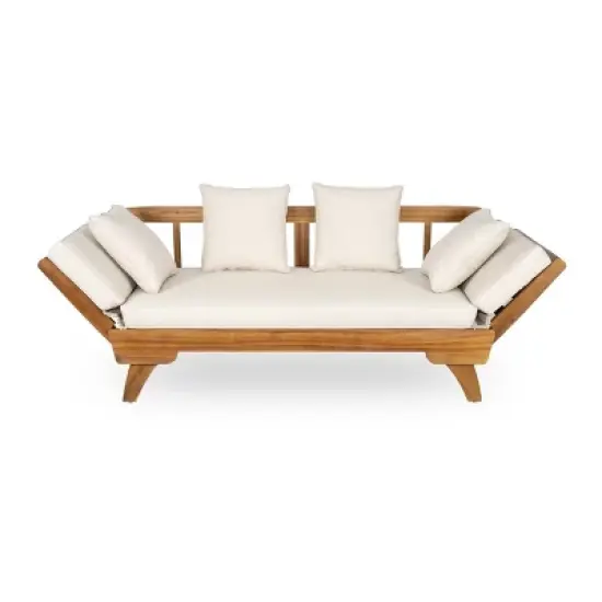 Outdoor 3-Seat Patio Daybed Sofa with Foldable Arms, Acacia Wood Frame and Removable Beige Cushions, Modern Lounge for Garden-Maison Boucle image {4}