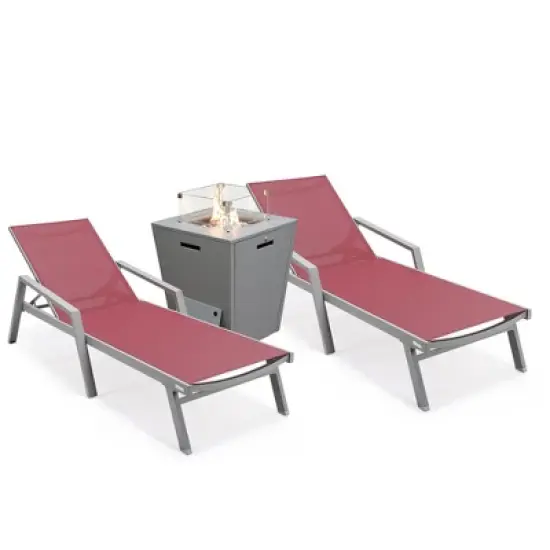 LeisureMod Marlin Patio Lounge Chairs with Arms and Fire Pit Side Table - Grey Trim, Set of 2 image {17}