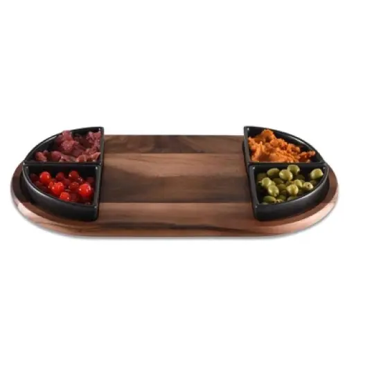 Charcuterie/ Serving Tray w/ 4 black triangular ceramic bowls image {1}