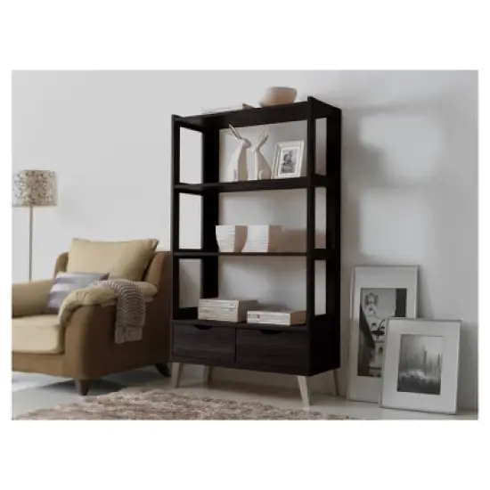 62.4" 2 Drawers Kalien Modern and Contemporary Bookshelf with Display Shelves Espresso Brown - Baxton Studio image {4}