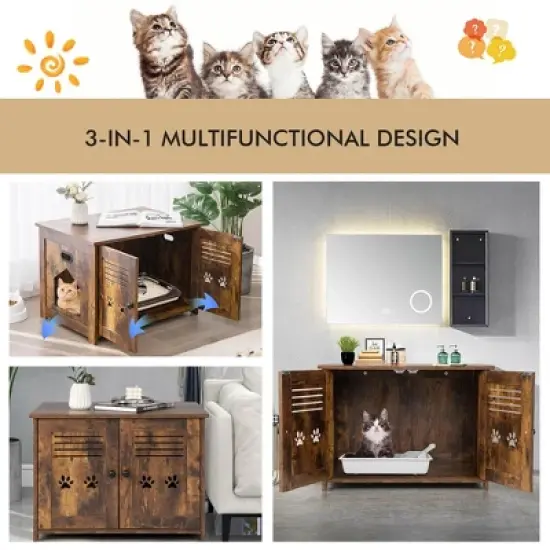 Tangkula Little Cat Box Enclosure Nightstand Cat House w/ Double Doors image {4}