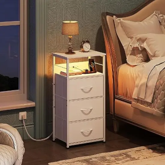 GALAXHERO Nightstand Set of 2 with Charging Station, LED Night Stand with 3 Fabric Drawers and Storage Shelf, Bedside Table 31.93" Tall image {6}