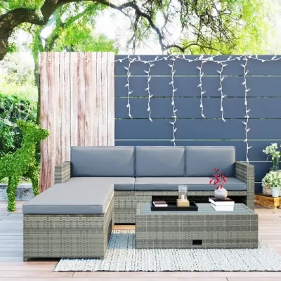4pc Outdoor Wicker Conversation Sectional Set with Cushions - Gray - GODEER image {1}