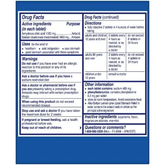 Alka-Seltzer Lemon Lime Heartburn Relief tablets, Fast Acid Indigestion Relief - 36ct image {1}