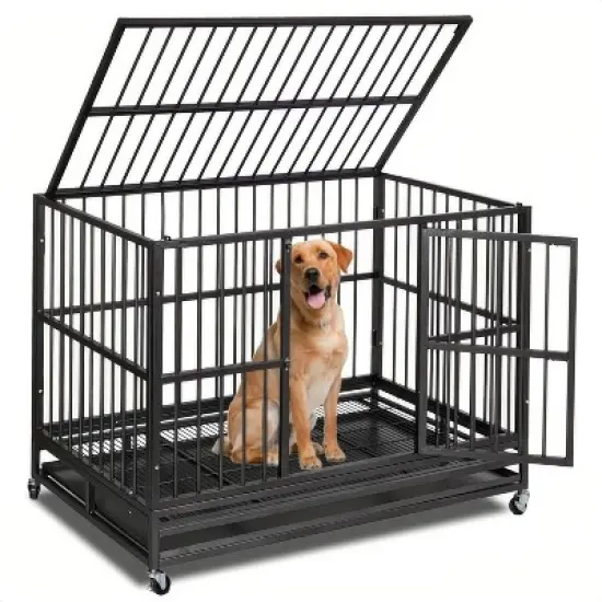 Heavy Duty Dog Crate - Indestructible Metal Kennel with Wheels & Double Doors, 33" High Anxiety Pet Cage with Removable Tray for Large Dogs - Black image {6}