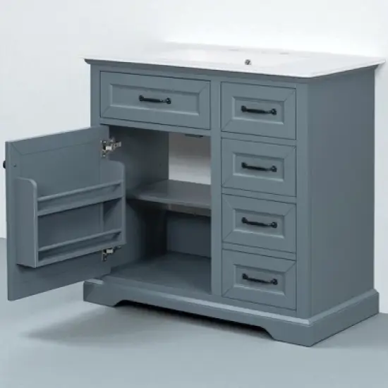 36" Bathroom Vanity with Ceramic Sink, Soft-Close Drawers & Door Organizer, Freestanding Vanity Wood Cabinet with Storage image {5}