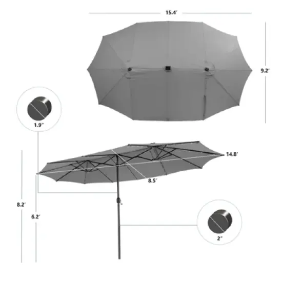 Costway 15 FT Twin Patio Double-Sided Umbrella 48 Solar LED Lights Crank Outdoor Gray image {2}