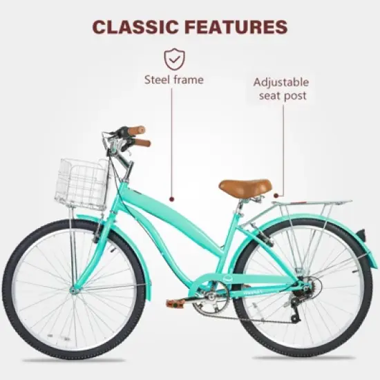 Hykolity 26 Inch Beach Cruiser Bike 7-Speed Commuter Bicycle Outdoor City Bike for Women with Rear Rack High-Carbon Steel Front Rear Fenders & Basket image {1}