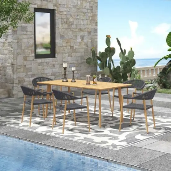 Rectangular Planked Wood Outdoor Dining Set：7-Piece Mesh Weave Chair Patio Furniture image {2}