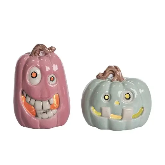 Transpac Ceramic LED Pastel Halloween Pumpkin Set of 2 Decorative Sculptures Multicolor Battery Operated Indoor Decor image {1}