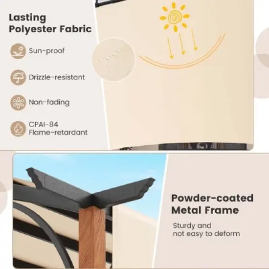 Costway 10 x 12 FT Outdoor Retractable Pergola with Retractable Canopy Wood Looking Posts Beige/Gray image {6}