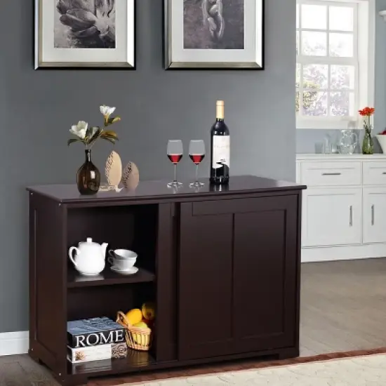 Costway Kitchen Storage Cabinet Sideboard Buffet Cupboard Wood Sliding Door Pantry Brown image {3}