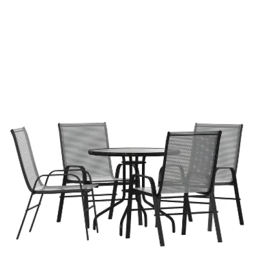 Emma and Oliver Five Piece Patio Table Set with Round Metal Table with Tempered Glass Top and 4 Flex Comfort Stacking Chairs image {12}