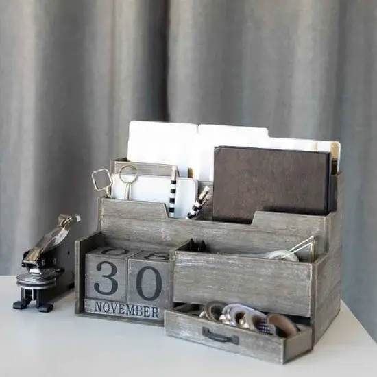 Blu Monaco Dark Wooden Mail Organizer with Block Calendar for Home or Office image {3}