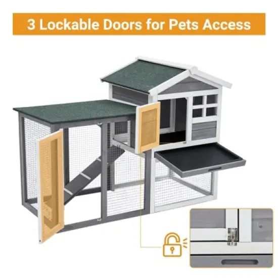 Whizmax Wooden Rabbit Hutch, Small Animal Habitat with Weather-Resistant House & Courtyard, Outdoor Bunny House with Wire Fence and Cleaning Tray image {3}