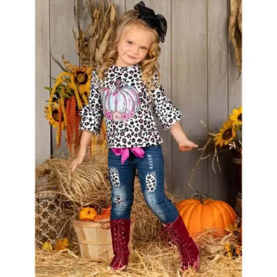 Girls Pastel Pumpkin Leopard Patched Jeans Set Mia Belle Girls, Leopard, 10 image {3}