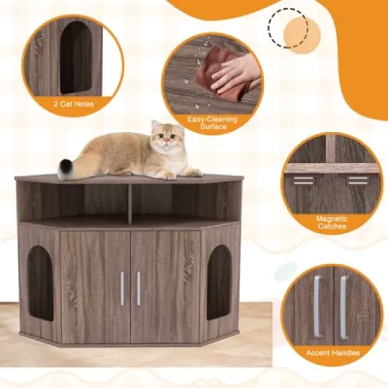 Tangkula 3-Tier Modern Corner Cat Litter Box Enclosure w/ Storage Shelves Double Doors image {9}