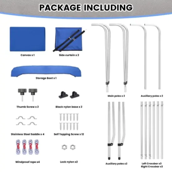 3/4 Bow Bimini Tops with Mesh Sidewalls, Boat Canopy with Support Poles, Marine Grade Pu Coating Canvas, 2 Straps, 2 Rear Support Poles, Zippered Boot image {6}