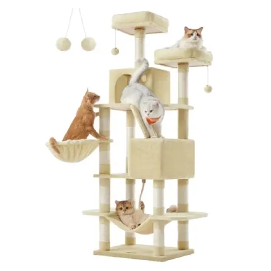 Feandrea 66.1/81.1"H Cat Tree Cat Tower for Indoor Cats, Plush Multi-Level Cat Condo with Scratching Posts, Perches, Caves, Hammock image {8}