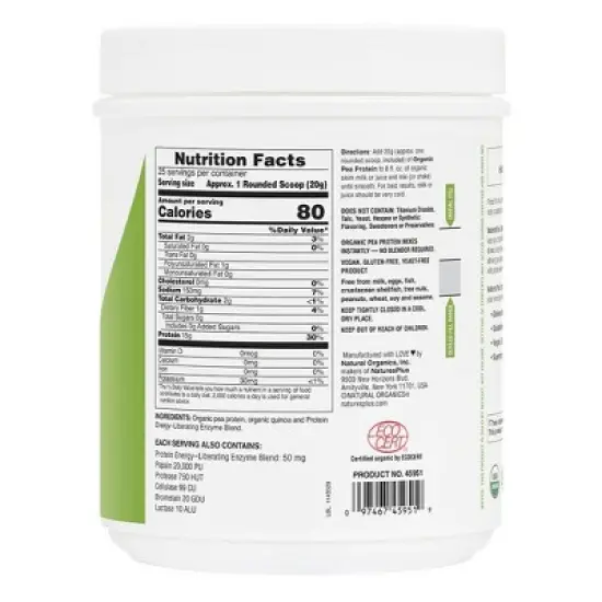Pea Protein Organic by Nature's Plus  -  1.1 lb Powder image {1}