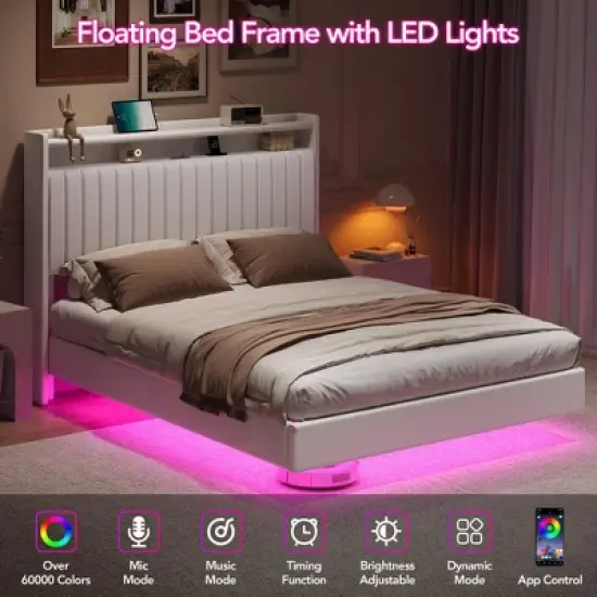 Queen Size Bed Frame with Lights & Charging Station, Upholstered Platform Bed Frame wth Storage Headboard, 50&iexcl;&plusmn; Tall Headboard, White image {3}