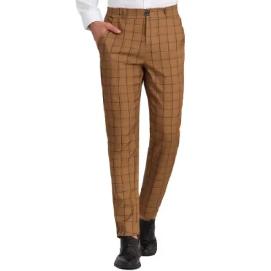 Lars Amadeus Men's Slim Fit Flat Front Plaid Business Formal Pants image {6}