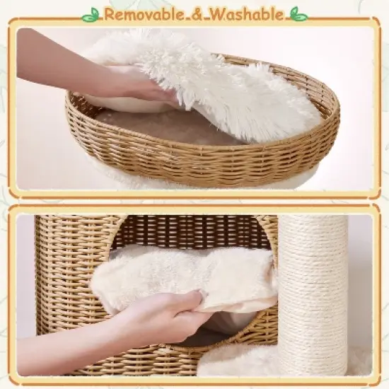 Yaheetech 36&Prime; Tall Rattan Cat Tree with Natural Sisal Scratching Post, Hanging Ball, Condo, Basket, Clear Bowl image {5}