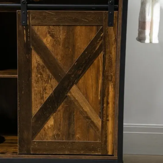 HOMCOM Rustic Farmhouse Kitchen Cart, Rolling Storage Island with Adjustable Shelf, Two Drawers, Sliding Barn Door Cabinet and Towel Rack image {5}