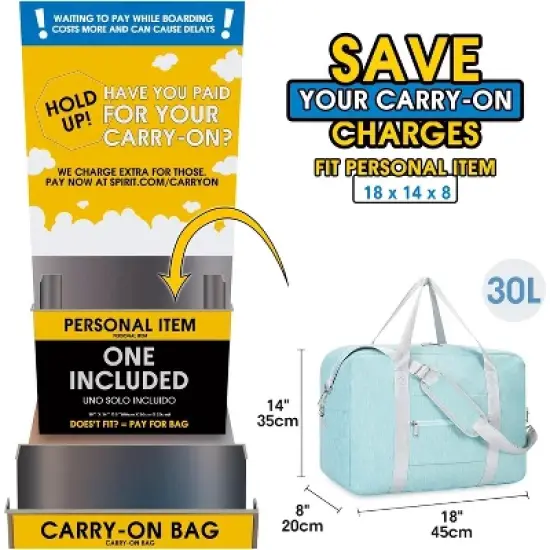 For Spirit Airlines Personal Item Bag 18x8x14 Foldable Travel Duffel Bag Underseat Carry on Luggage for Women (Mint Green) image {2}