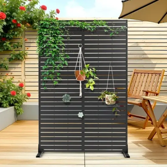 TOAOTBNBO Metal Privacy Screen with Stand, Decorative Privacy Fence Panels with Louver Pattern, Outdoor Privacy Screen for Balcony, Black image {7}