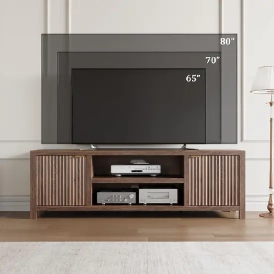 Garvee 70" TV Stand Entertainment Center with Storage, Fluted Door and Gold Handle, Wooden Media Console Cabinet for Living Room, Bedroom image {3}