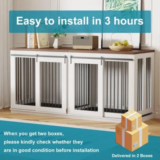 71inch Dual Dog Crate Furniture - Heavy Duty Wooden Kennel w/Sliding Barn Doors & Divider, TV Stand for Large Breeds image {4}