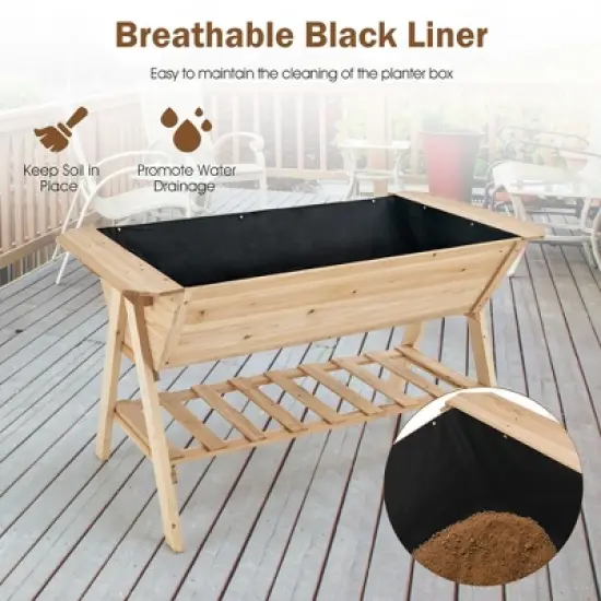Costway 59'' x 31'' x 32.5'' Raised Garden Bed w/ Shelf Wood Elevated Planter Box w/ Liner image {9}