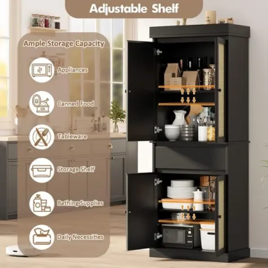 Homhougo Rustic Pantry Cabinet with Rattan Doors - 69" Tall Storage Organizer with Adjustable Shelves & Drawer Black image {3}