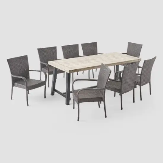 Jefferson 9pc Wood and Wicker Dining Set - Light Gray/Gray - Christopher Knight Home image {1}