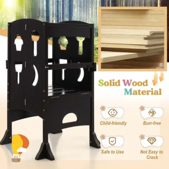 Costway Folding Kitchen Kids Step Ladder Stool Wooden Toddler Safety Tower Helper Coffee/White image {7}