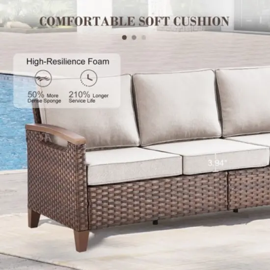 Belord Outdoor Sofa Patio Couch, All Weather Brown Wicker 3-Seater Outdoor Furniture Sofa with Dark Brown Hand-Brushed Arms & Comfort 4" Cushion image {8}