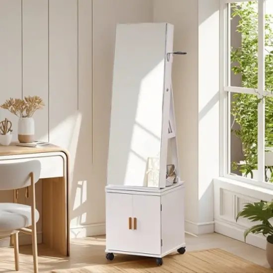 VECELO Mirrored Jewelry Cabinet 360&deg; Swivel Freestanding Jewelry Organizer LED-Lit Makeup Organizer with Bottom Storage Cabinet, White image {11}