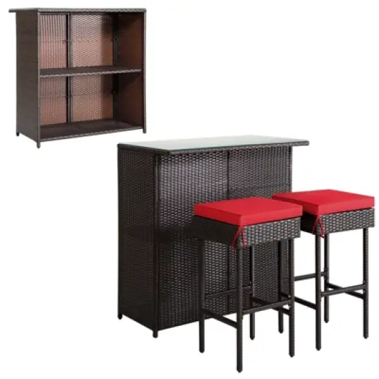 Tangkula 3PCS Patio Wicker Rattan Bar Set Table w/2 Red Cushioned Stools image {7}