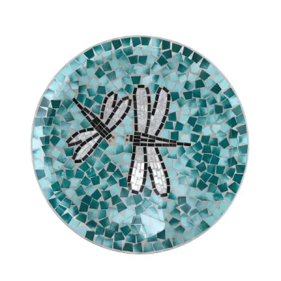 23" Outdoor Mosaic Dragonfly Glass Birdbath Bowl with Metal Stand Turquoise Green - Alpine Corporation image {5}