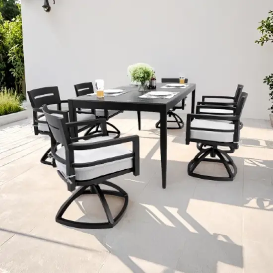 7-Piece Outdoor Dining Set, 6 Swivel Rockers and Marble-Look Sintered Stone Top Dining Table, Aluminum Chairs with Foam Cushions-Coolbibila image {1}