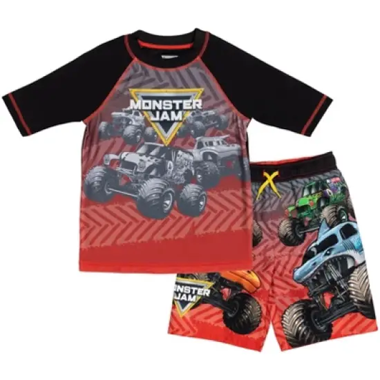 Monster Jam Maximum Destruction Megalodon El Toro Loco Grave Digger Rash Guard and Swim Trunks Outfit Set Toddler to Little Kid image {7}