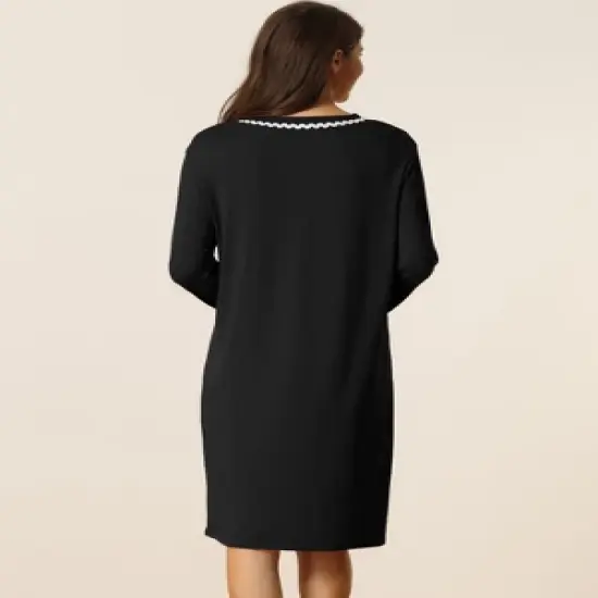 cheibear Womens Button Down V Neck Long Sleeve Pajama Nightshirt Dress image {2}