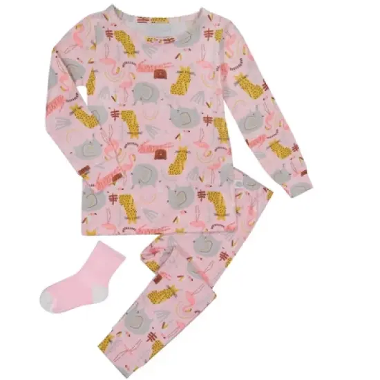 Sleep On It Infant/Toddler Girls Animal Zoo Snug Fit 2-Piece Pajama Sleep Set With Matching Socks image {2}